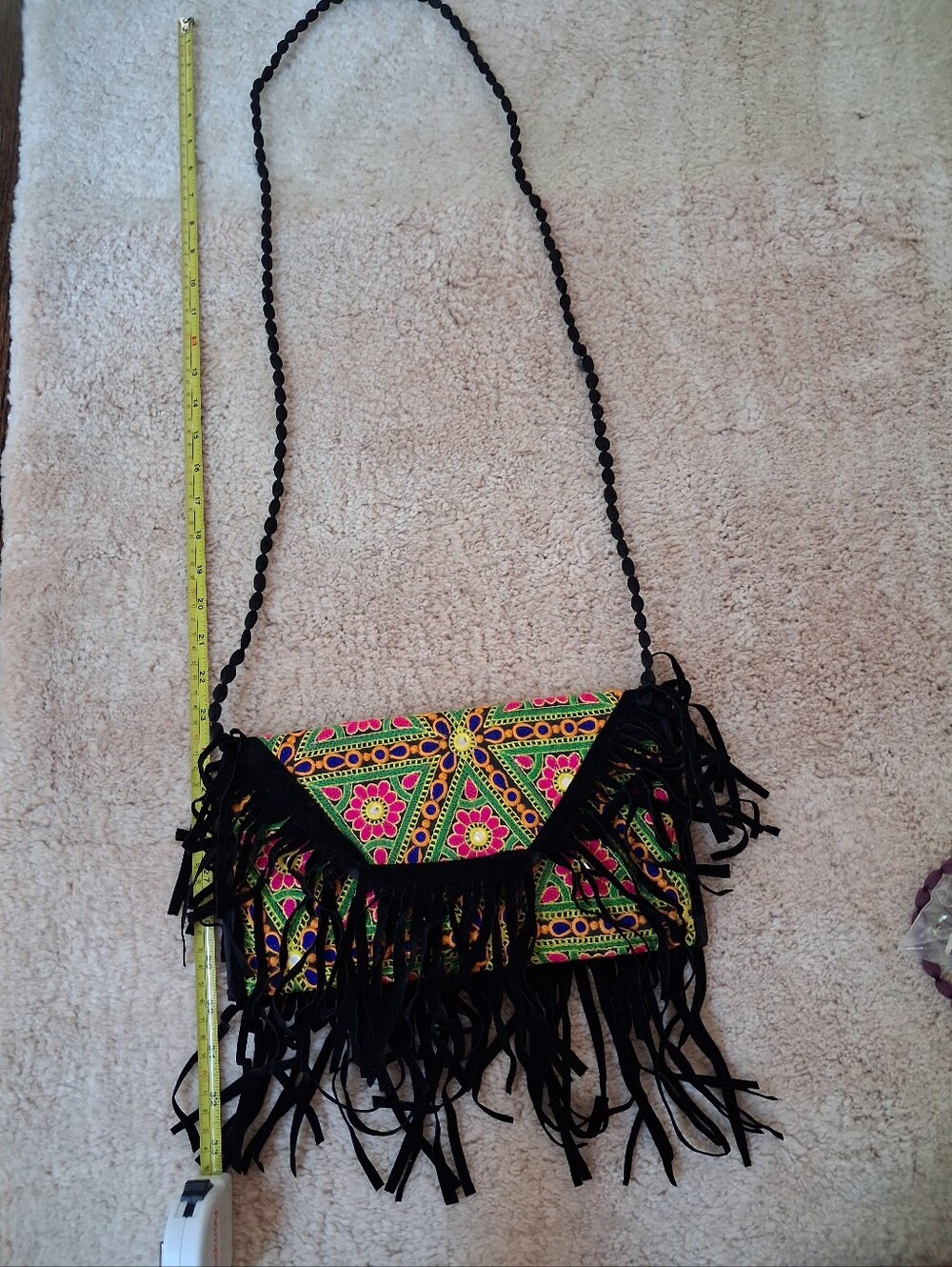 Embroidered Fringe Crossbody Bag - Black & Multicolor - Picture 1 of 8
